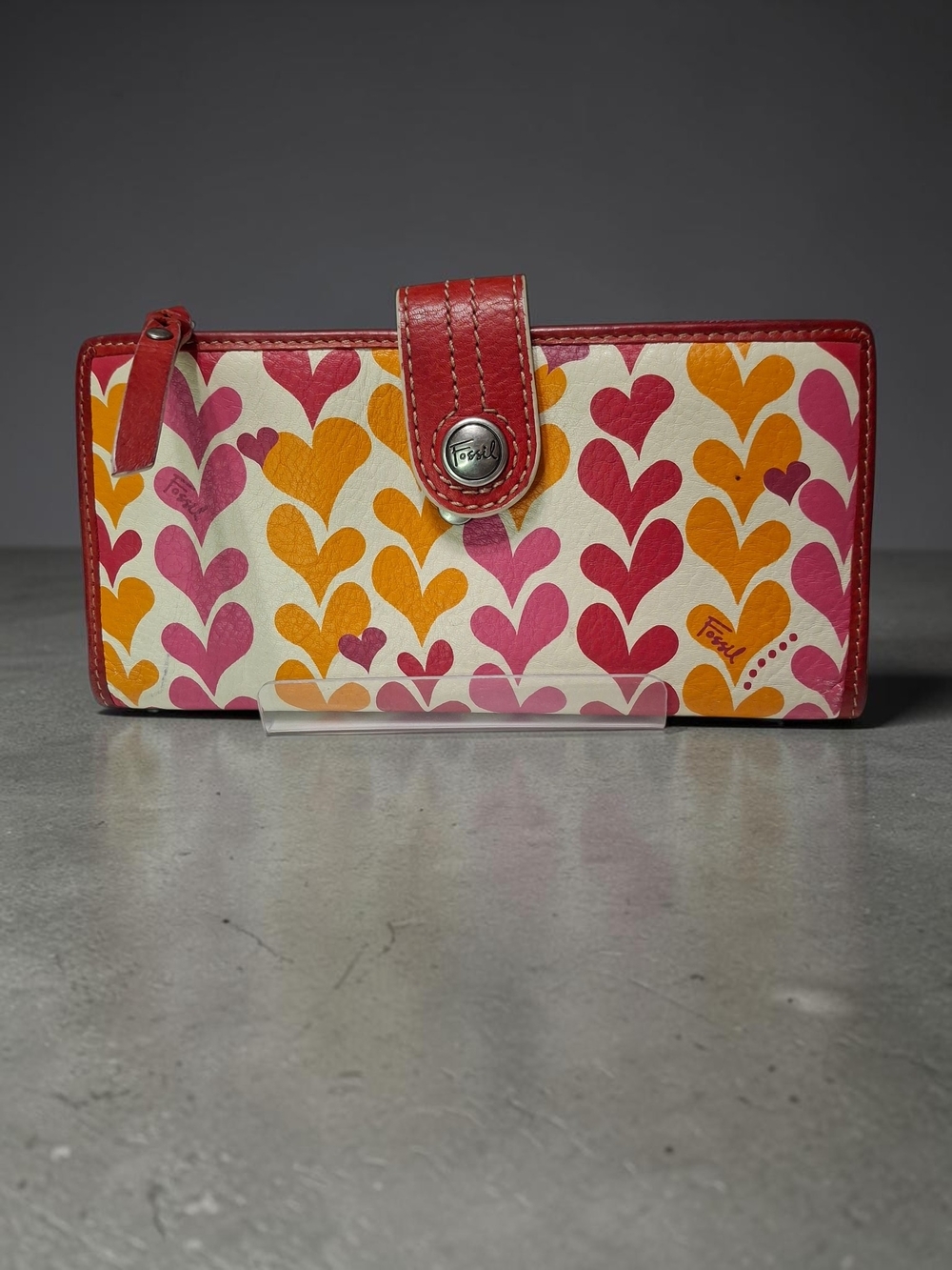 Fossil Pink & Orange Leather Heart-Print Zip Wallet